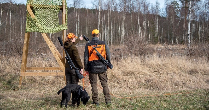 Två jägare och hund pekar och pratar.